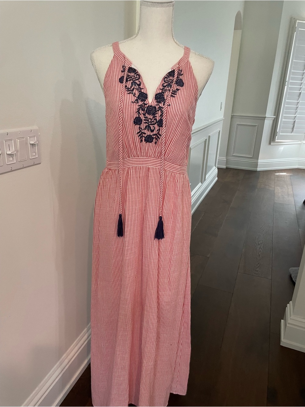 THML Red, white and Navy Embroidered Striped Maxi Dress